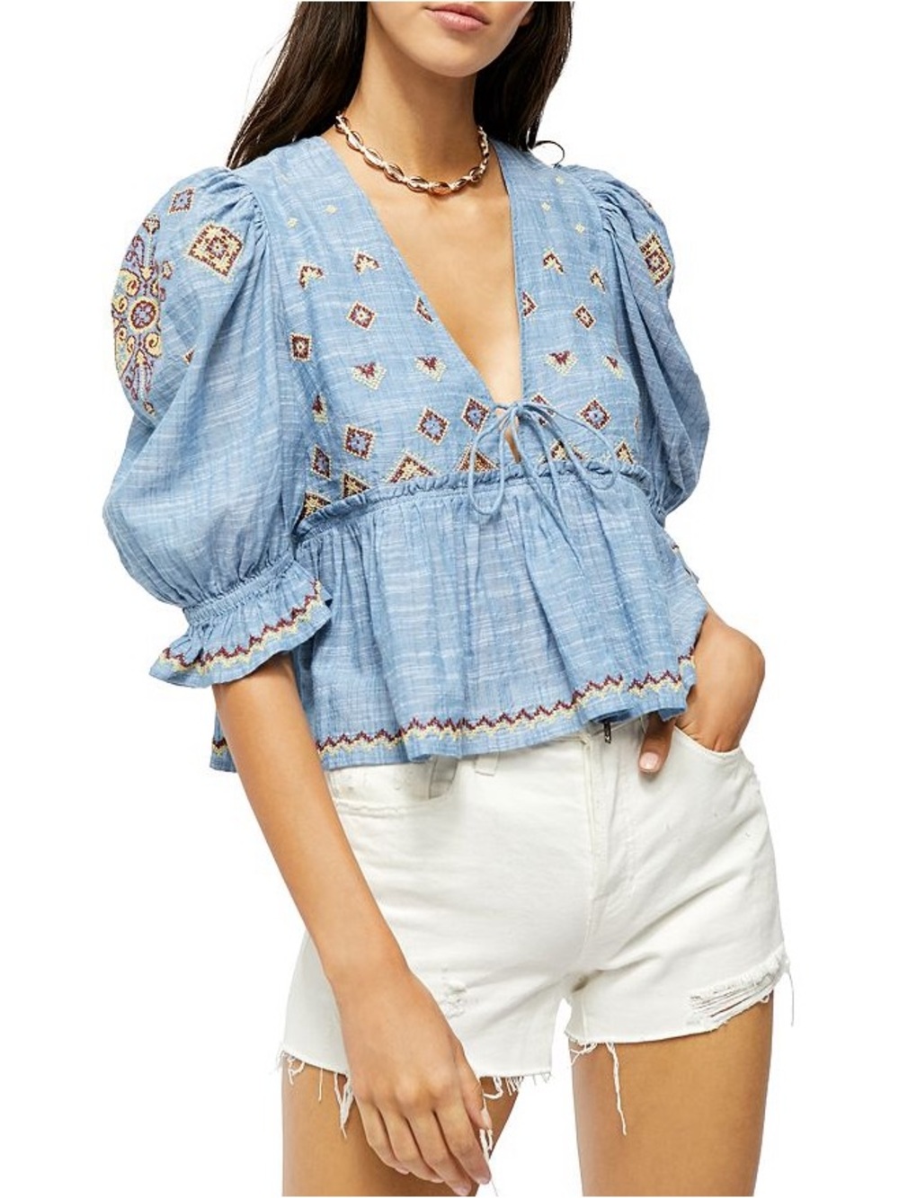 Free People Sky Blue Embroidered V-Neck Peplum Blouse